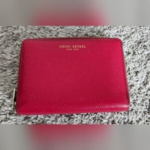 Henry Bendel New York $115 Zip Around Pebbled Leather Wallet Hot Pink Gold Logo